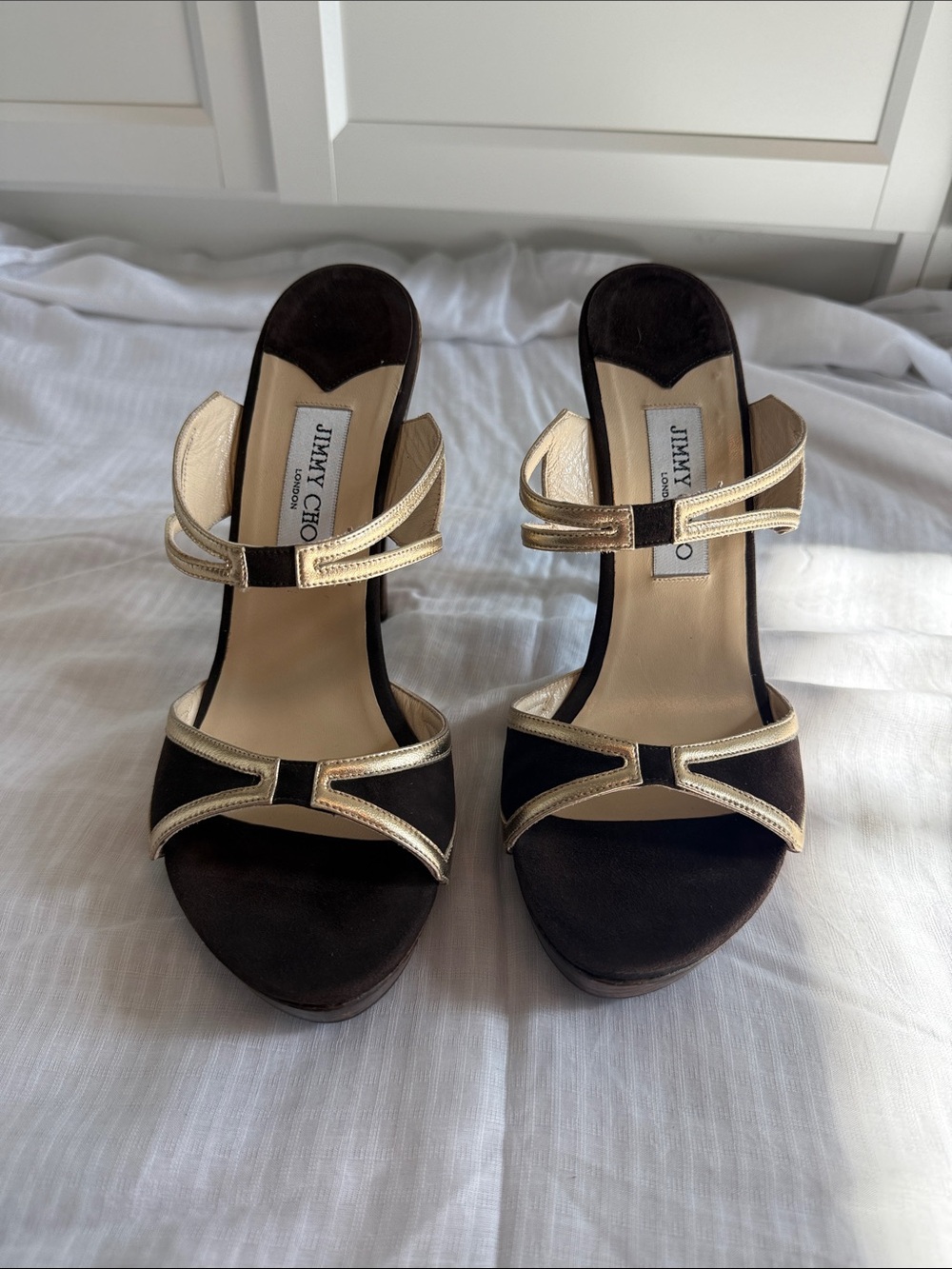 Jimmy Choo Brown and Gold Suede Open-Toe Heels